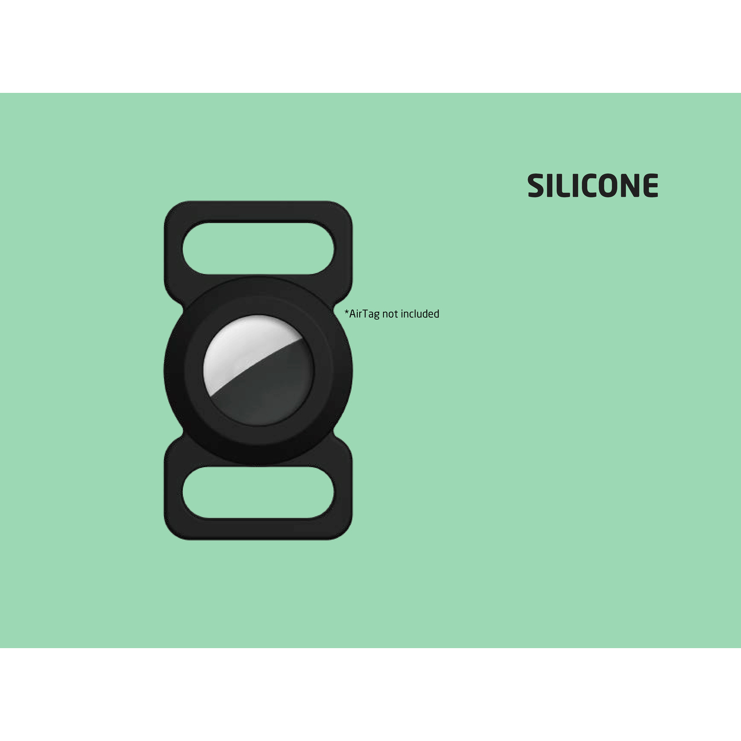 Supporto protettivo in silicone nero con aperture, testo SILICONE e AirTag non incluso.