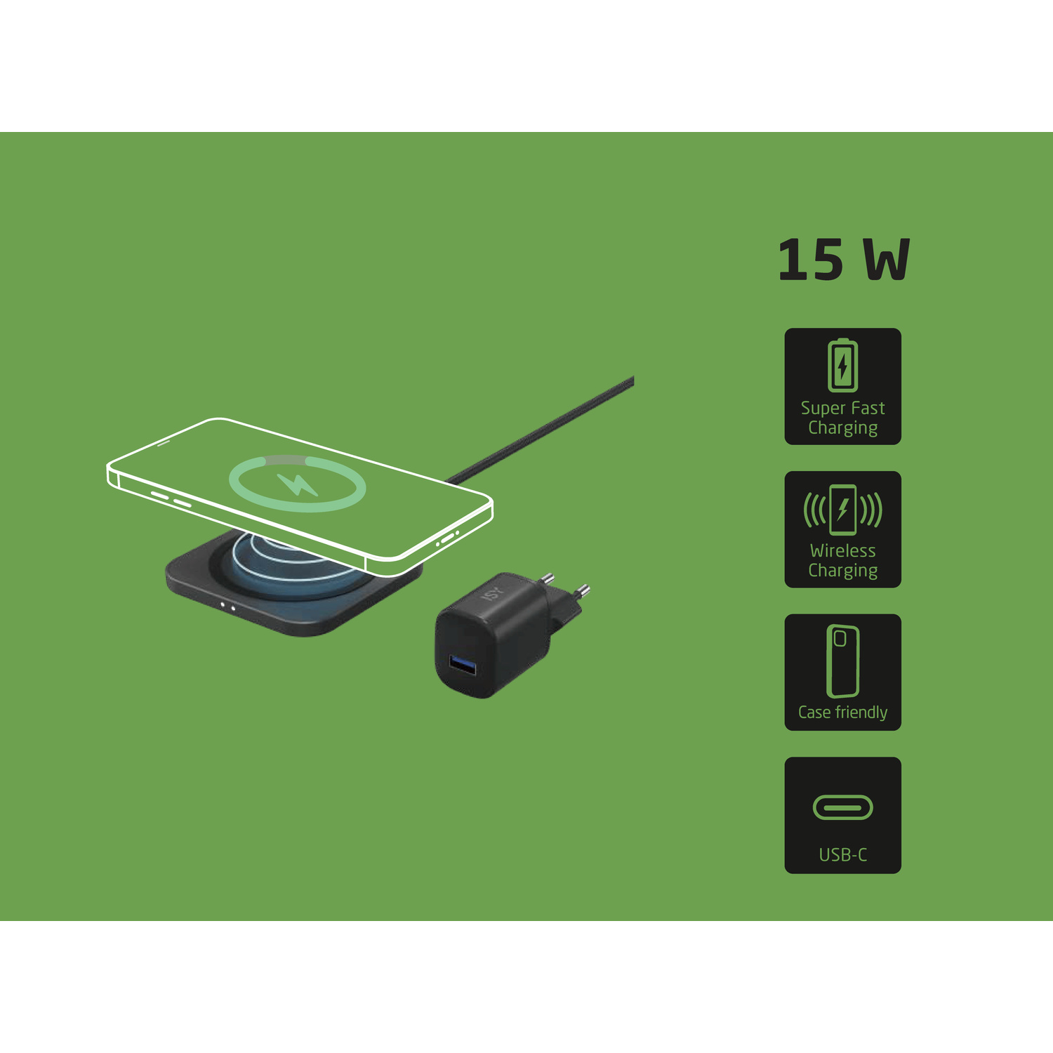 CARICATORE WIRELESS ISY IWQ-2015-1 da 15W, Nero