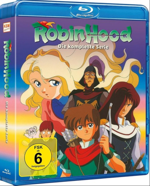 Anime-Blu-ray-Hülle von Robin Hood mit mehreren Zeichentrickfiguren und einer FSK-6-Altersfreigabe.
