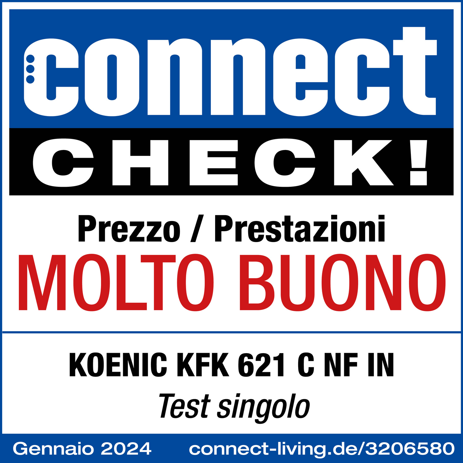 FRIGORIFERO COMBINATO KOENIC KFK 621 C NF IN, inox, dimensioni: L 60 cm x H 186 cm x P 71 cm, capacità netta totale 338 litri, rumorosità 35 Db (A), classe C