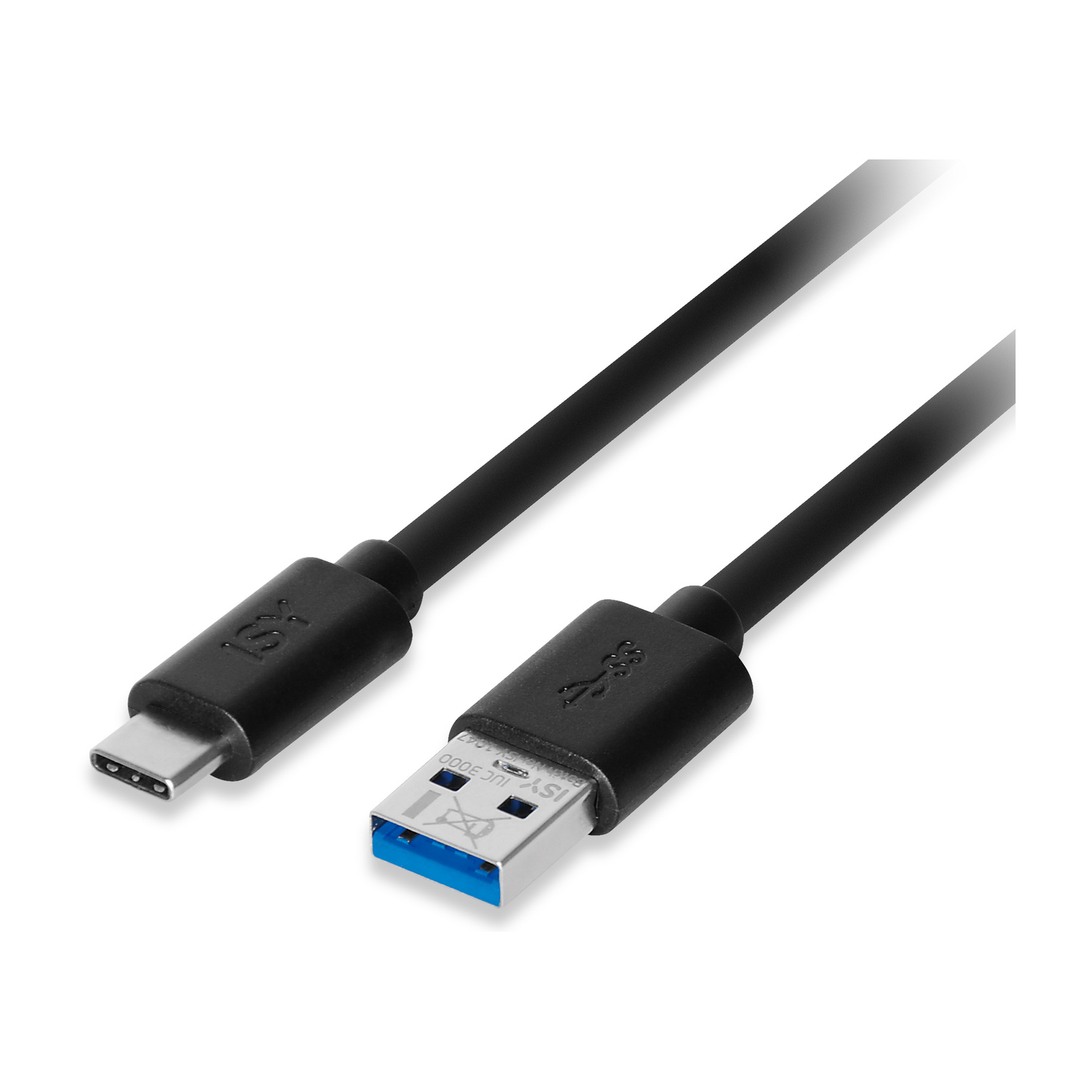Cavo USB nero con connettore USB-C a sinistra e connettore USB-A a destra.
