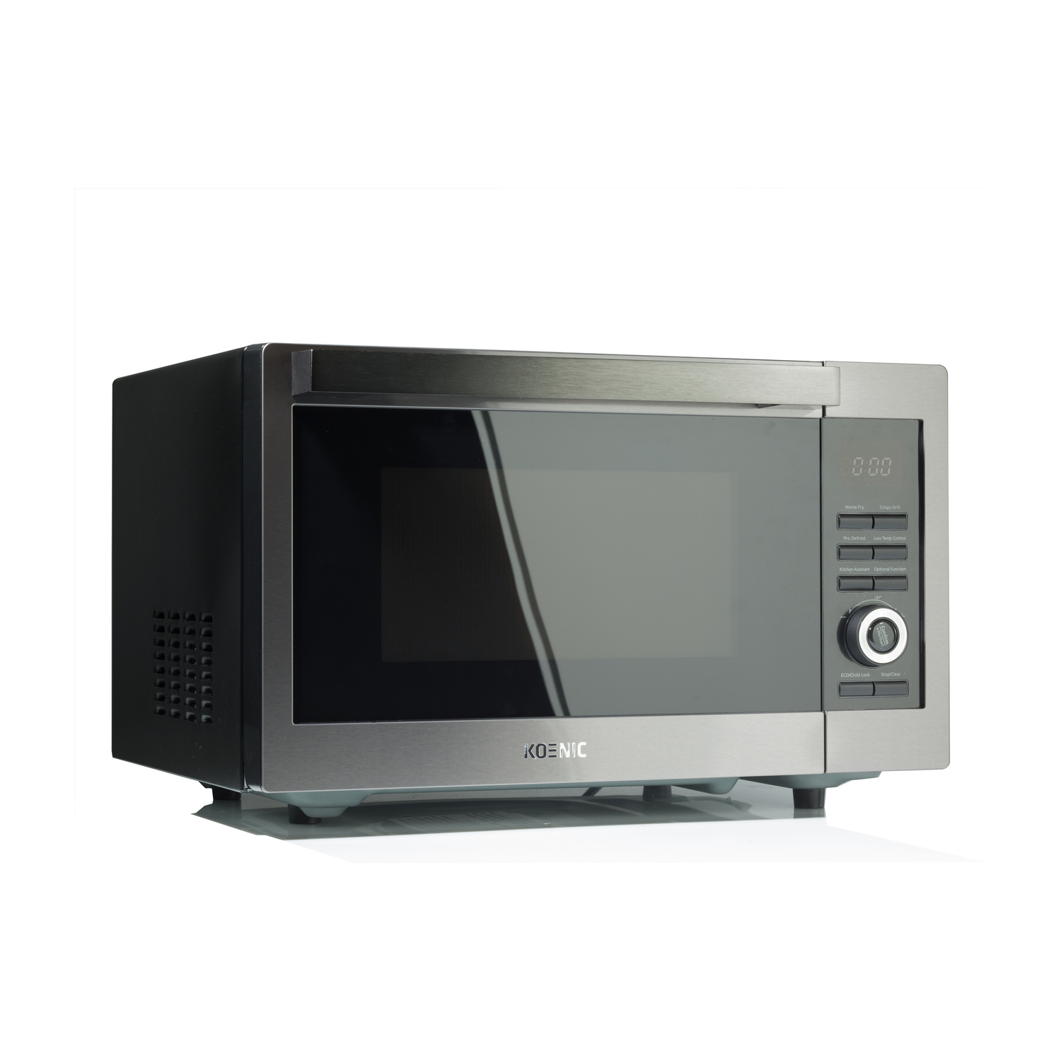Un microonde Koenic grigio con display digitale e manopola su sfondo bianco.