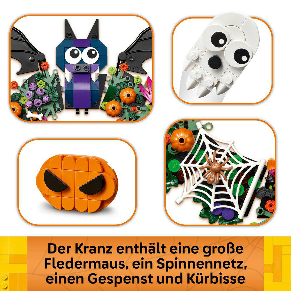 Lego-Halloween-Set mit Fledermaus, Geist, Kürbis und Spinnennetz in vier gerahmten Bildern.