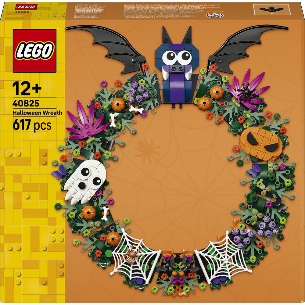 LEGO Halloween-Kranz Set 40825 mit Fledermaus, Kürbissen, Geistern und Spinnweben auf orangerasteter Verpackung.