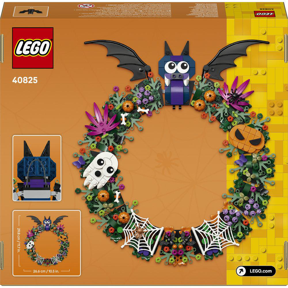 Lego Halloween-Kranz-Box mit Fledermaus, Kürbissen und Totenkopf.