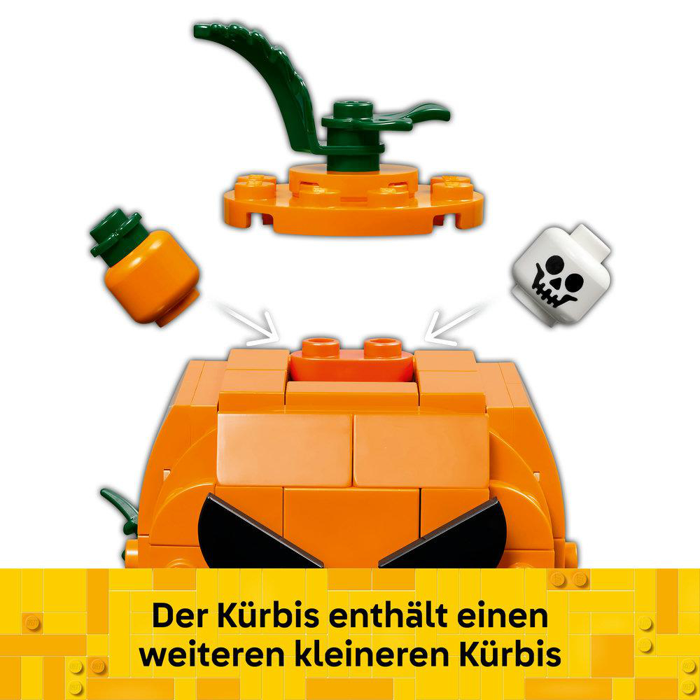 Ein Lego-Kürbis öffnet sich, um einen kleinen Kürbis und einen Totenkopf preiszugeben.