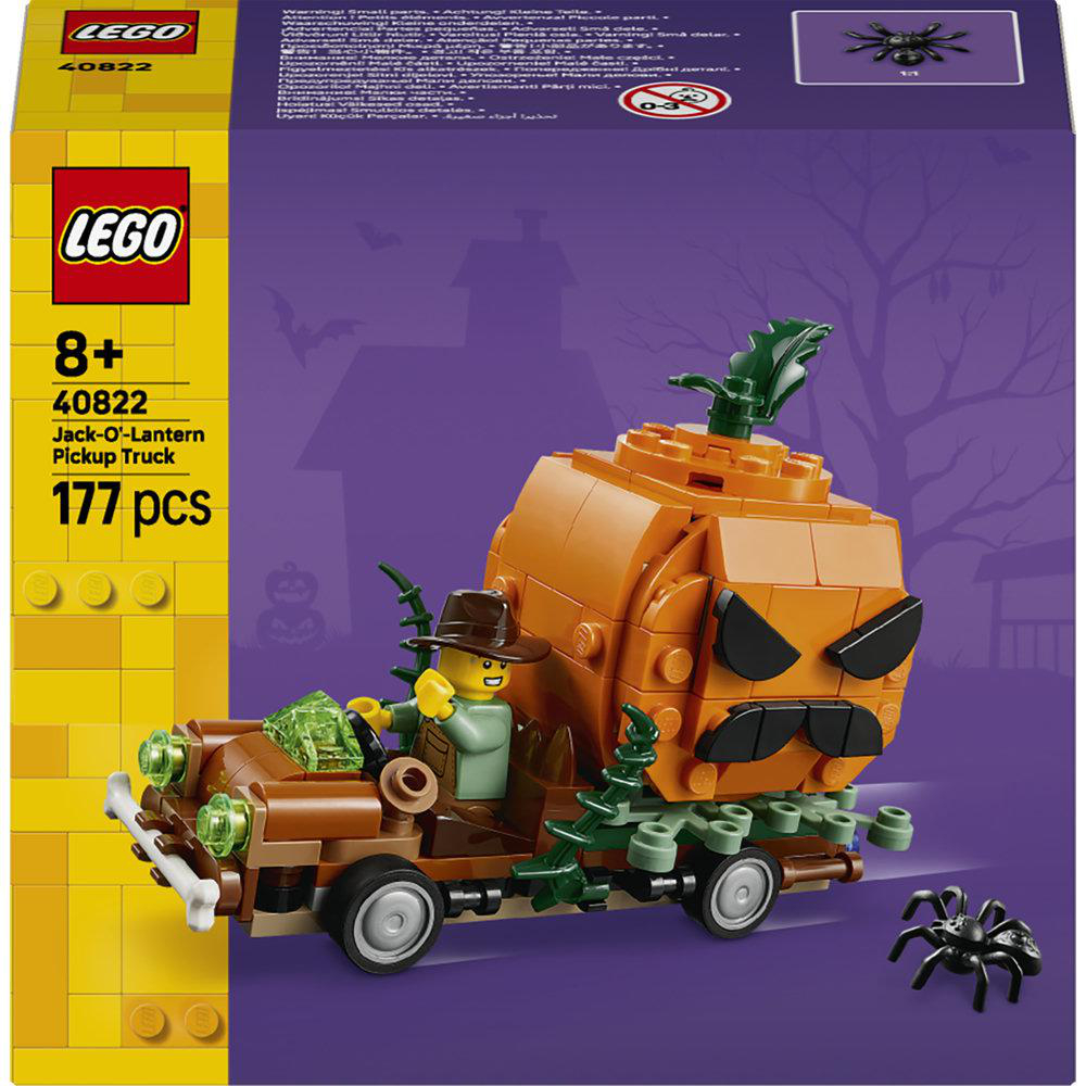 Lego Jack-O'-Lantern Pick-up LKW Karton mit Kürbis und Minifigur.