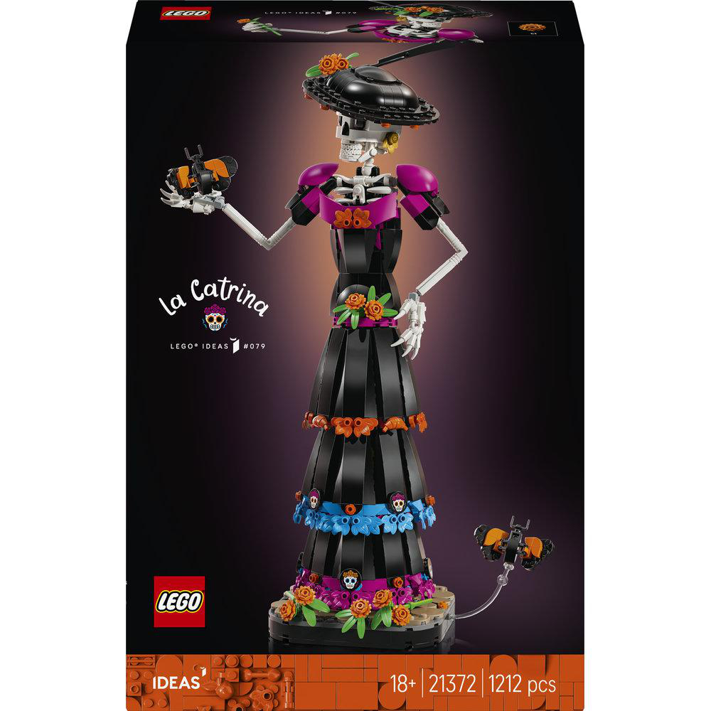 Lego Ideas La Catrina Figur im traditionellen Skelett-Kleid mit Hut und Blumen.
