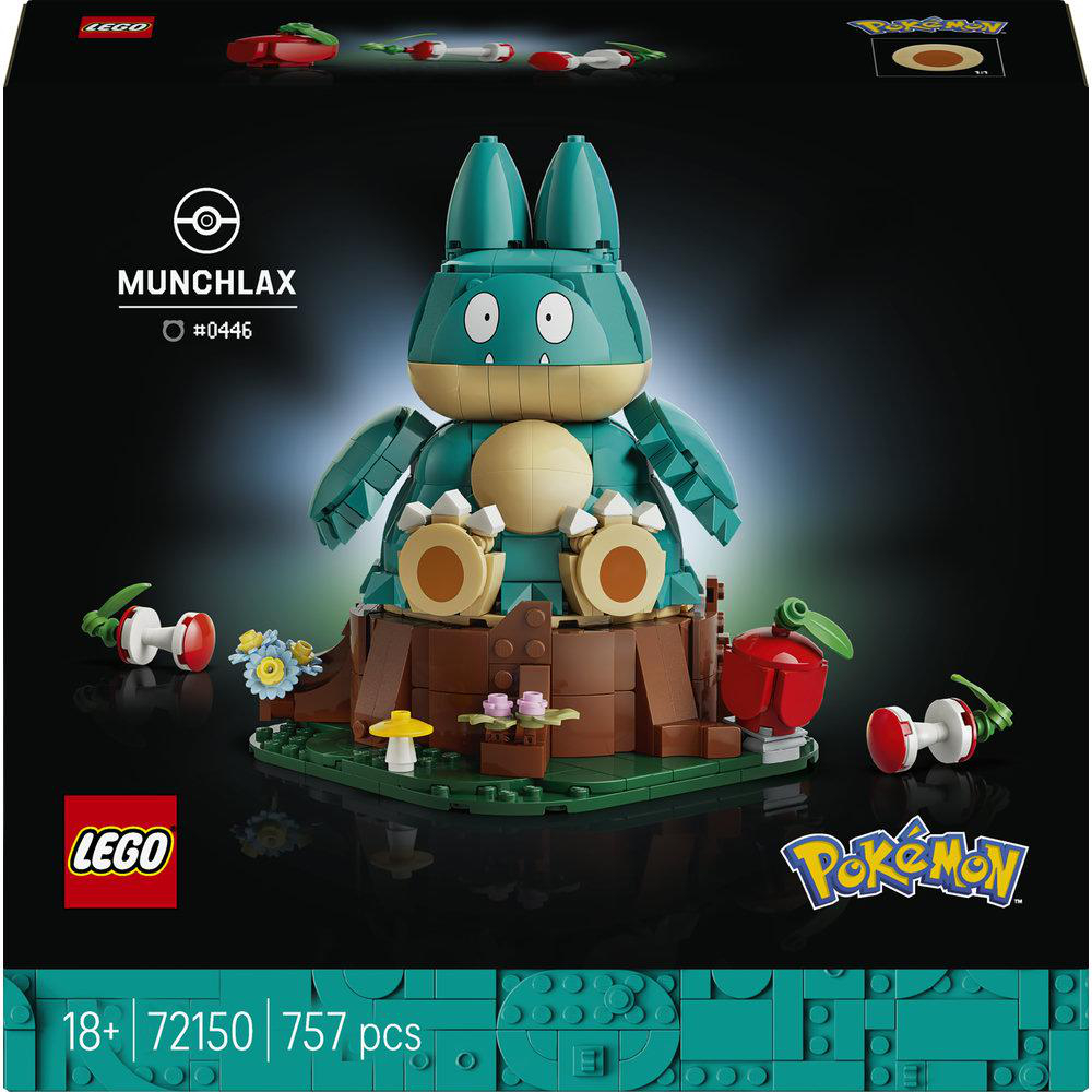 Lego Munchlax Set mit Figur auf einem Baumstumpf, umgeben von kleinen Beeren und Blumen.