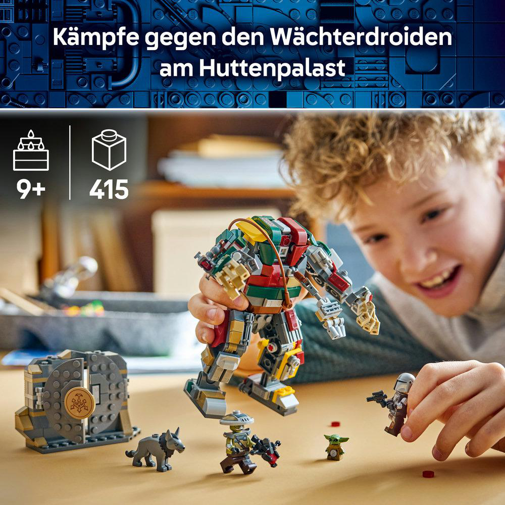 Ein Junge baut ein farbiges Lego Star Wars Set mit einem Mech, Figuren und einer Torruine auf.