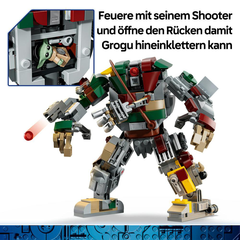 Lego Mech schießt mit Grogu im Fach und deutschem Text.