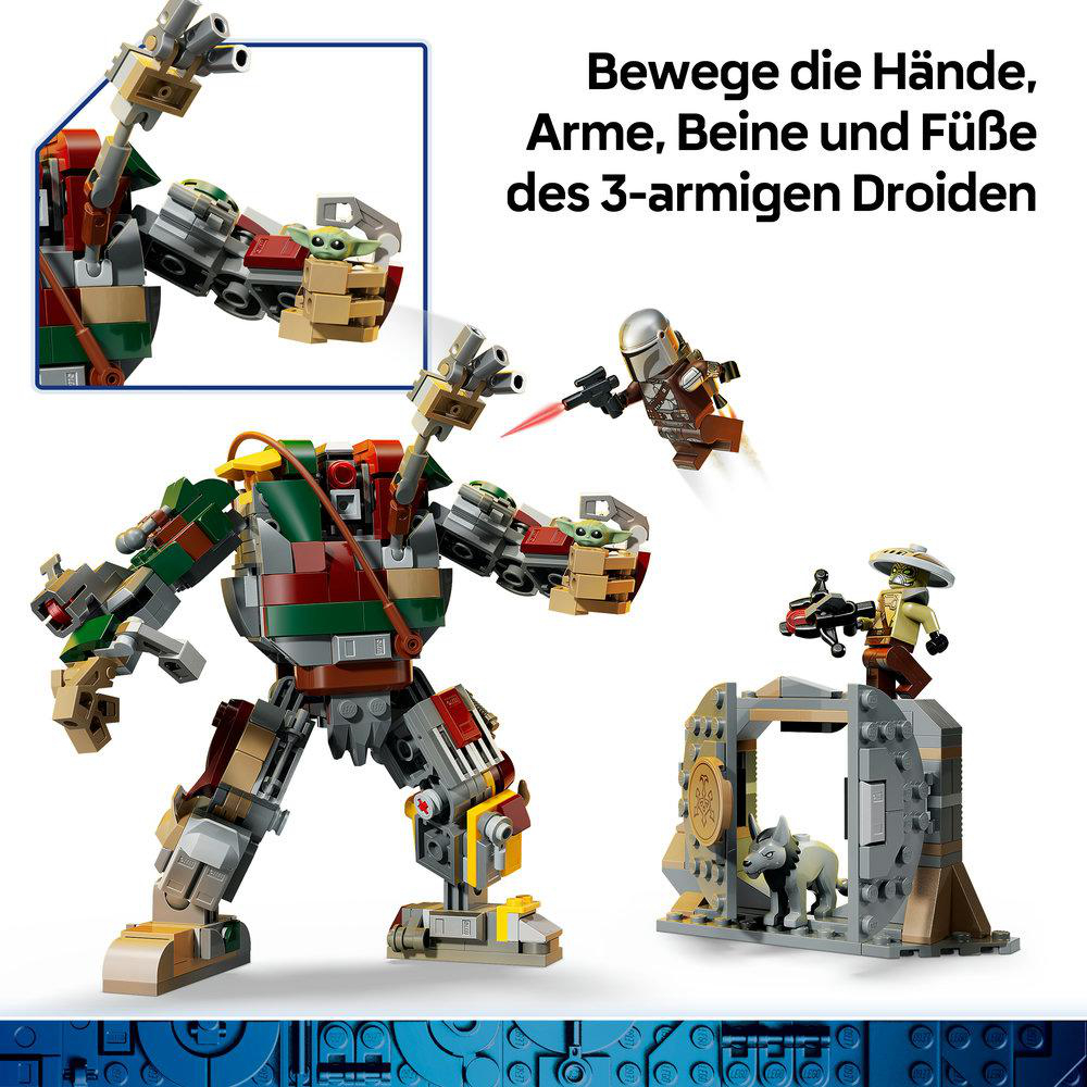 Lego Star Wars Set mit großem Mech, Minifiguren und Droiden auf blauem Hintergrund.