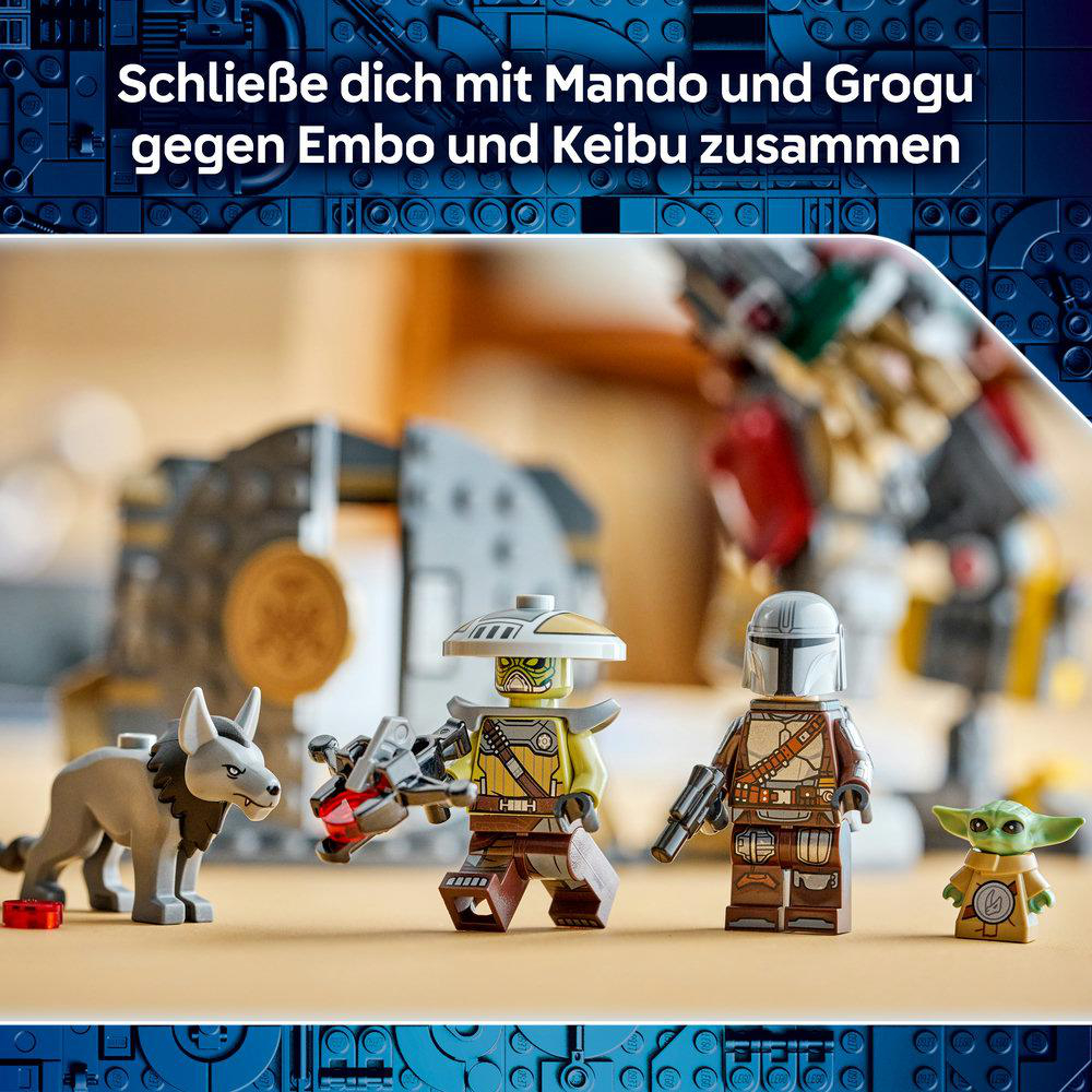 Lego Star Wars Figuren Mando, Grogu, Embo, Keibu und ein Wolf mit deutscher Inschrift.