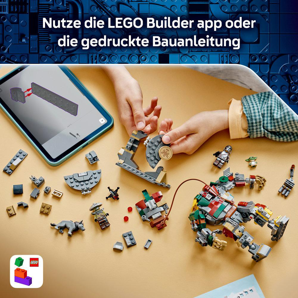 Ein Kind baut Lego, unterstützt von einer Tablet-App, die Anleitungen anzeigt.