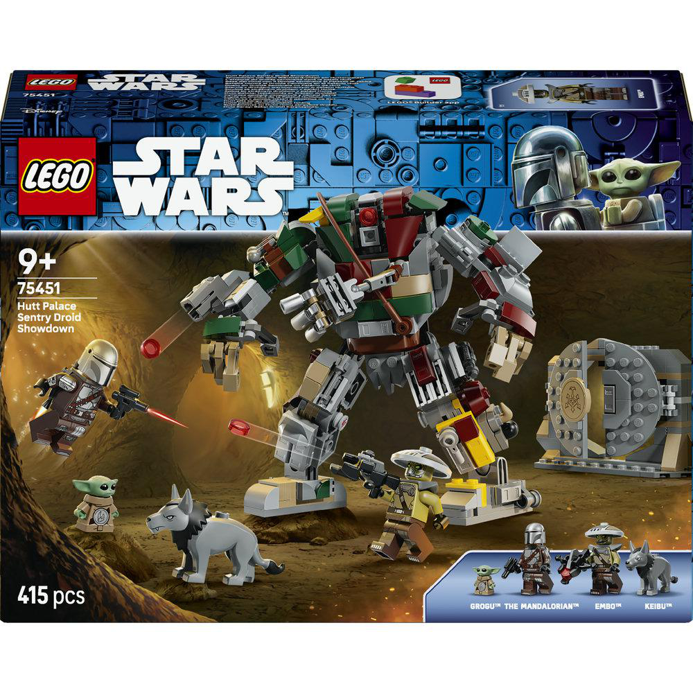 Lego Star Wars Hutt Palace Sentry Droid Showdown Set mit Minifiguren vor einer steinernen Kulisse.