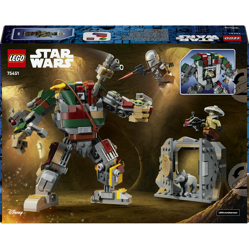 Lego Star Wars Set Box mit einem großen Mech, Minifiguren wie Grogu, einem kleinen Gebäude und einer Wolfsfigur.