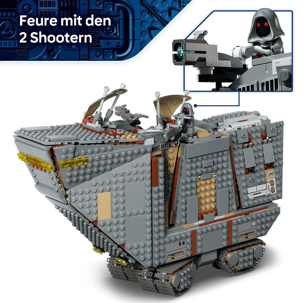 Lego-Fahrzeug mit Raupenketten und einer Figur mit Shooter.