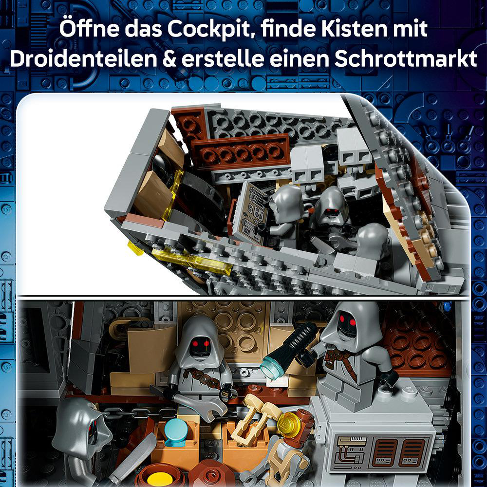 Lego-Szene mit Minifiguren im Cockpit, Kisten und Droidenteilen sowie deutschem Text oben.