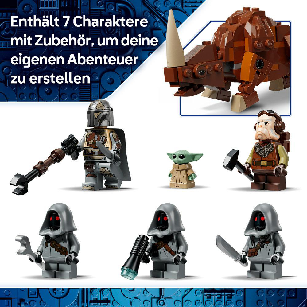 Lego Star Wars Set mit sieben Minifiguren, darunter Mandalorian, Grogu und grauen Kapuzenfiguren auf blauem Hintergrund.