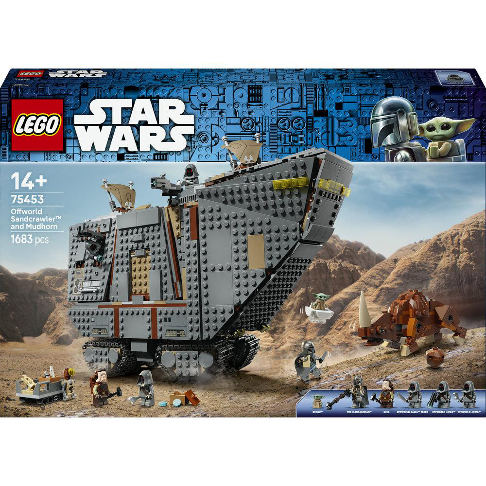 Lego Star Wars Set mit Sandcrawler, Mudhorn, Figuren und Wüstenszenerie auf der Verpackung.