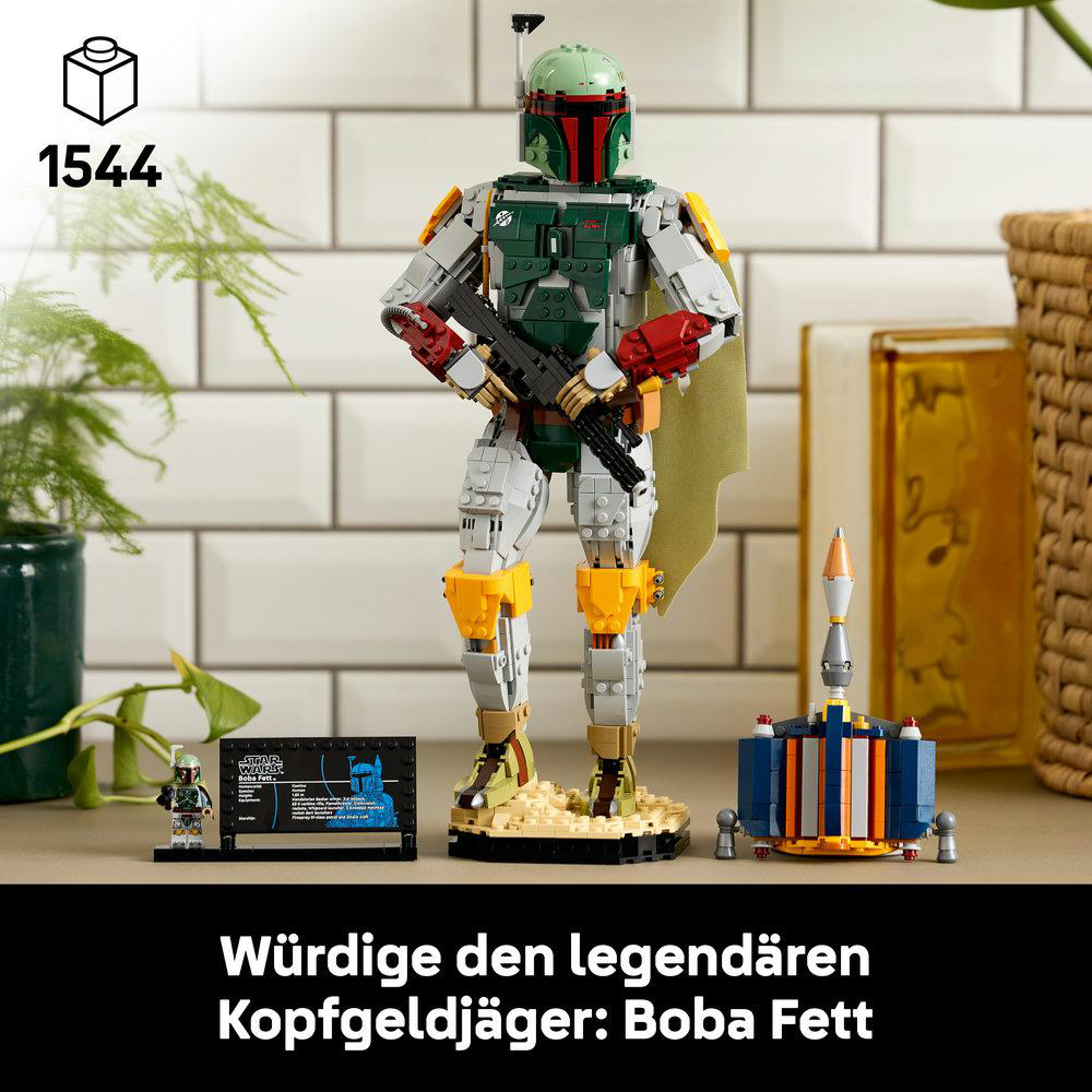 Lego Boba Fett Figur mit kleinerem Schiff und Minifigur vor weißen Fliesen.