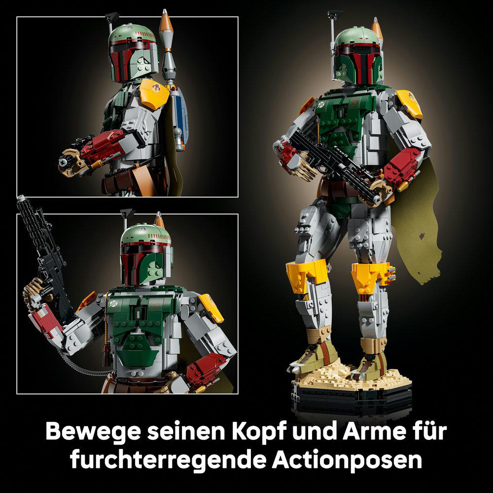 Eine Lego Boba Fett Figur in verschiedenen Posen mit Blaster.