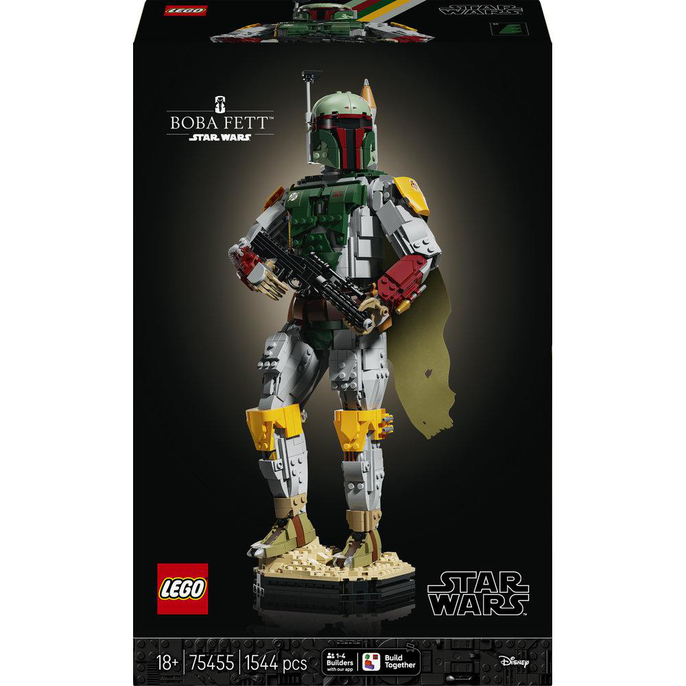 LEGO Star Wars Boba Fett Baufigur in grüner Rüstung mit Blaster auf einer schwarzen Box.