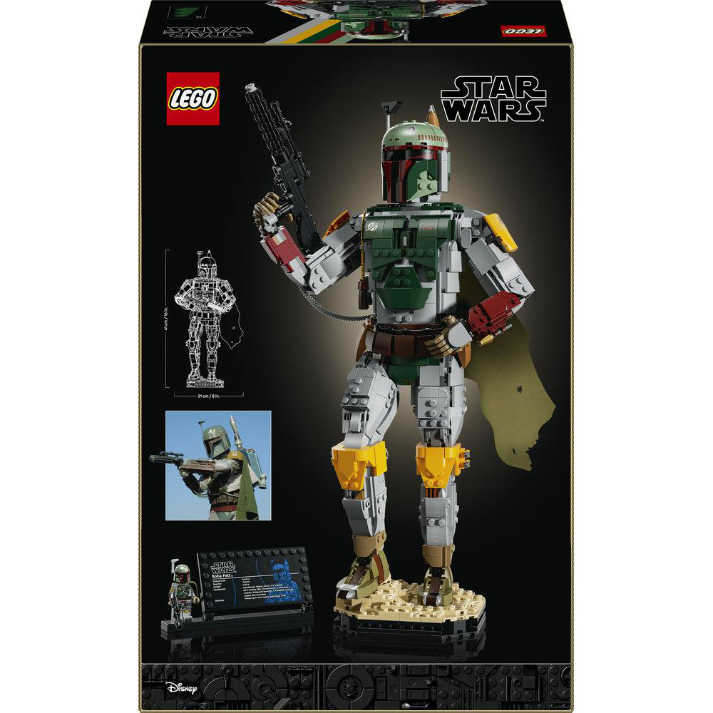 LEGO Star Wars Boba Fett Baufigur auf einem Ständer mit Blaster.