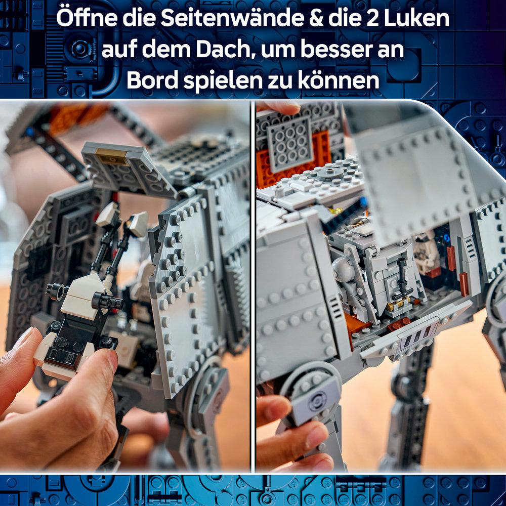 Öffne die Seitenwände und Luken des Lego-Modells, um im Inneren zu spielen.