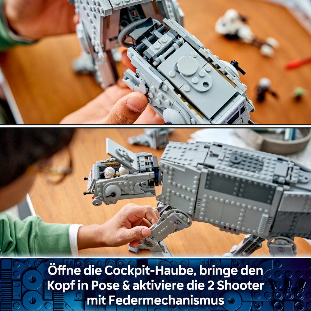 Hände bauen ein graues Lego-Star-Wars-AT-ST-Modell, dessen Cockpit sich öffnen lässt.
