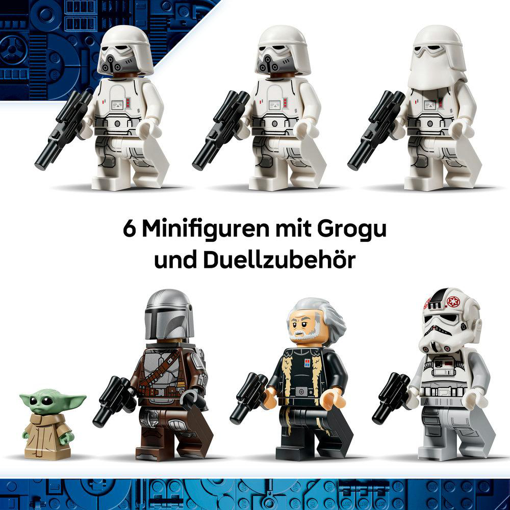 Sechs LEGO Star Wars Minifiguren, darunter Mandalorianer, Grogu, Sturmtruppen und Zubehör, vor blauem Lego-Hintergrund.