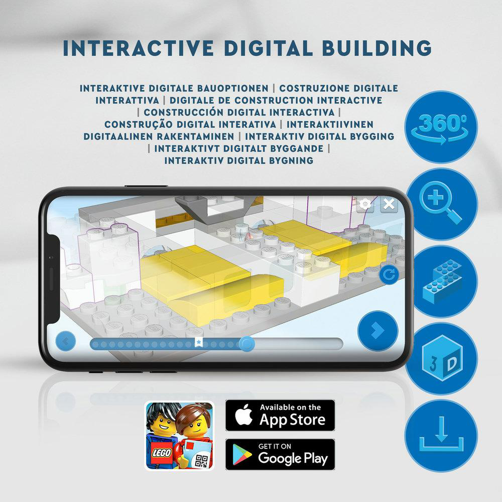 Ein Smartphone zeigt eine interaktive Lego-Bau-App, umgeben von Icons und App-Store-Buttons.