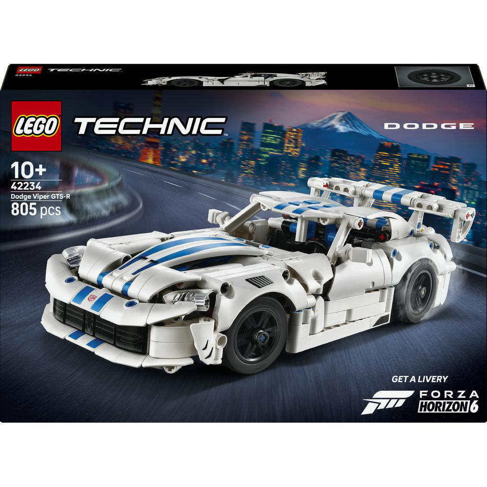 LEGO Technic Dodge Viper GTS-R Box mit weißem Rennwagen mit blauen Streifen vor einer Stadtkulisse.
