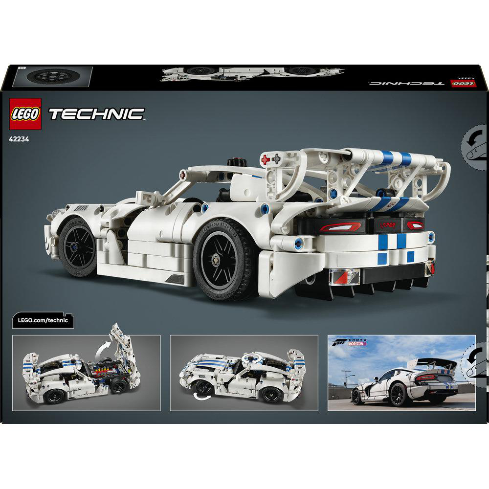 Lego Technic Verpackung mit weiß-blauem Rennwagen, großem Heckflügel und Detailfotos von geöffneten Türen.