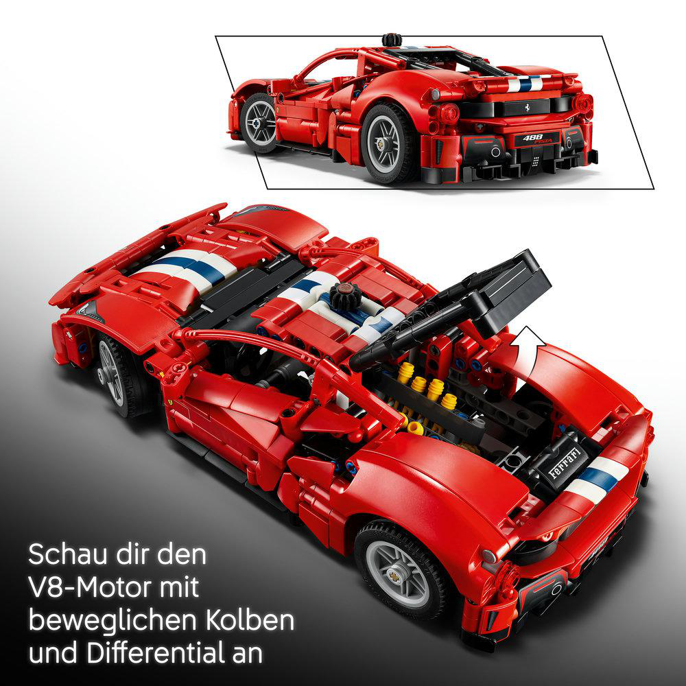 Roter LEGO Technic Ferrari mit offenem Heck und sichtbarem V8-Motor und weißen Streifen auf der Haube.