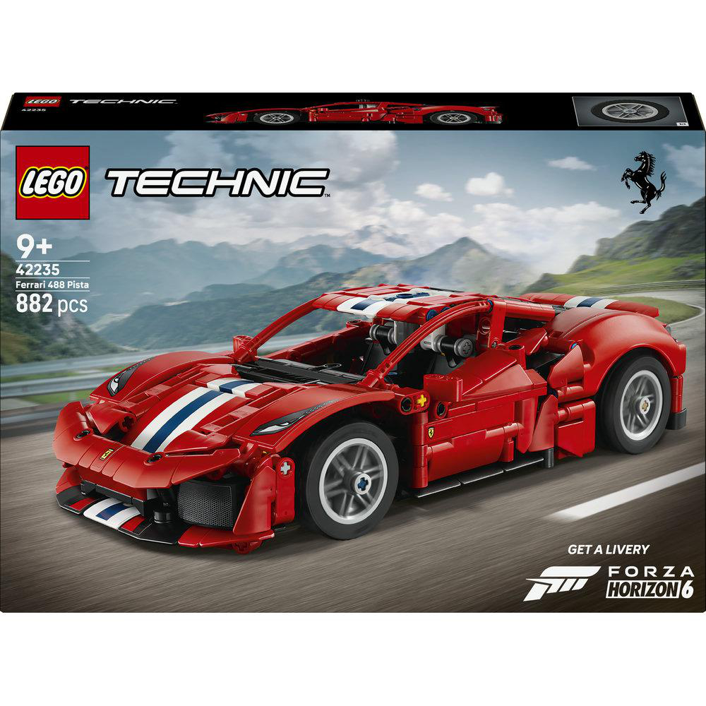 Lego Technic Ferrari 488 Pista Setbox, die ein rotes Auto auf einer Bergstraße zeigt.