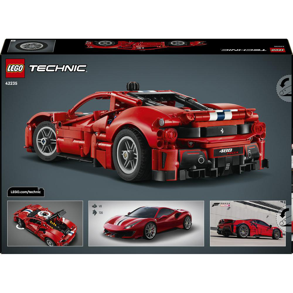 LEGO Technic Ferrari 488 Pista im roten Baustein-Design, abgebildet auf einer Produktverpackung mit drei kleineren Fotos.