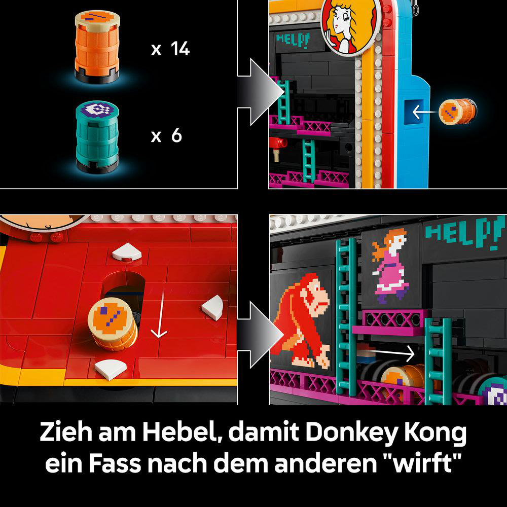 Lego-Anleitung zeigt, wie farbige Fässer in eine Spielszene eingesetzt werden.