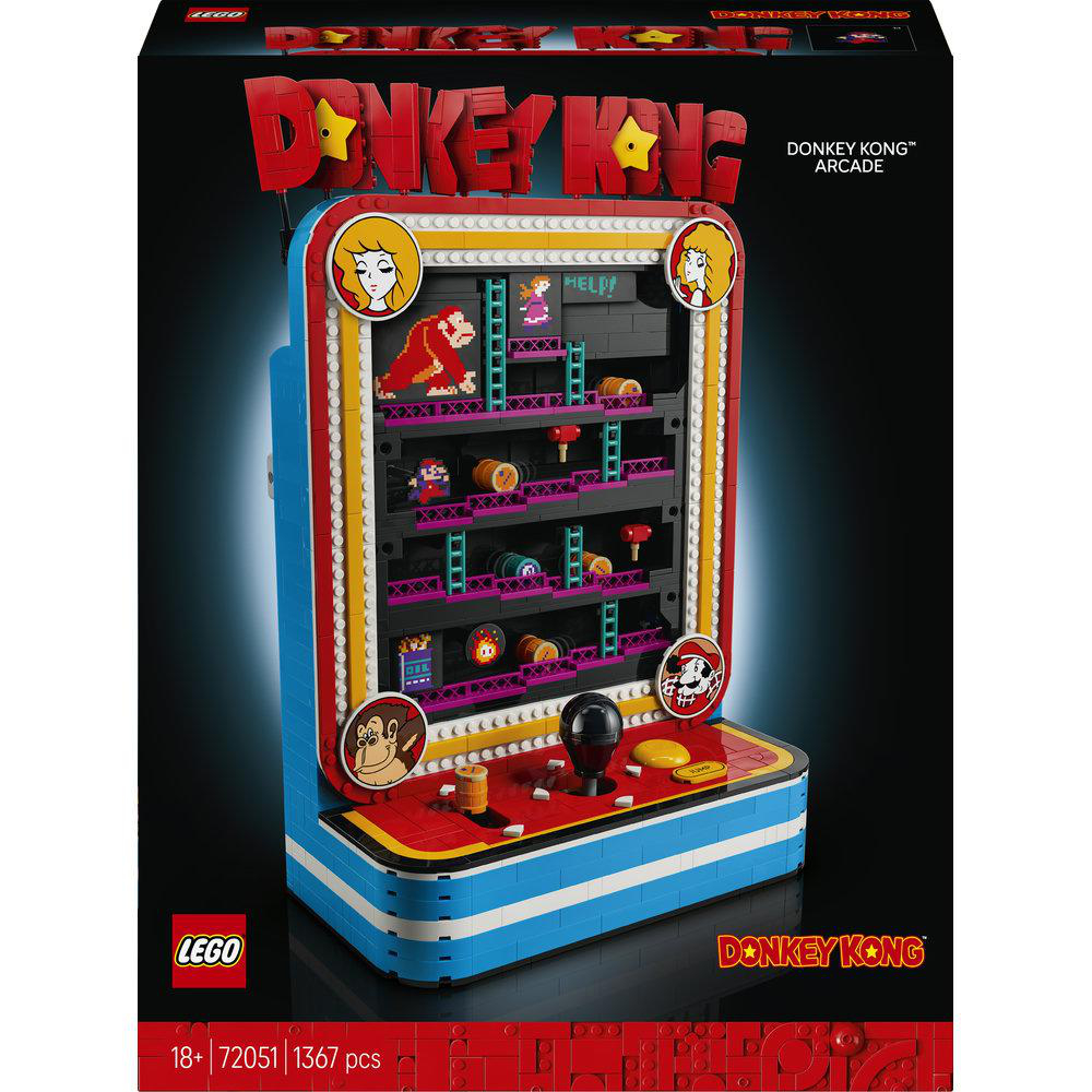 LEGO Set 72051 Donkey Kong Arcade mit 1367 Teilen auf schwarzer Verpackung.