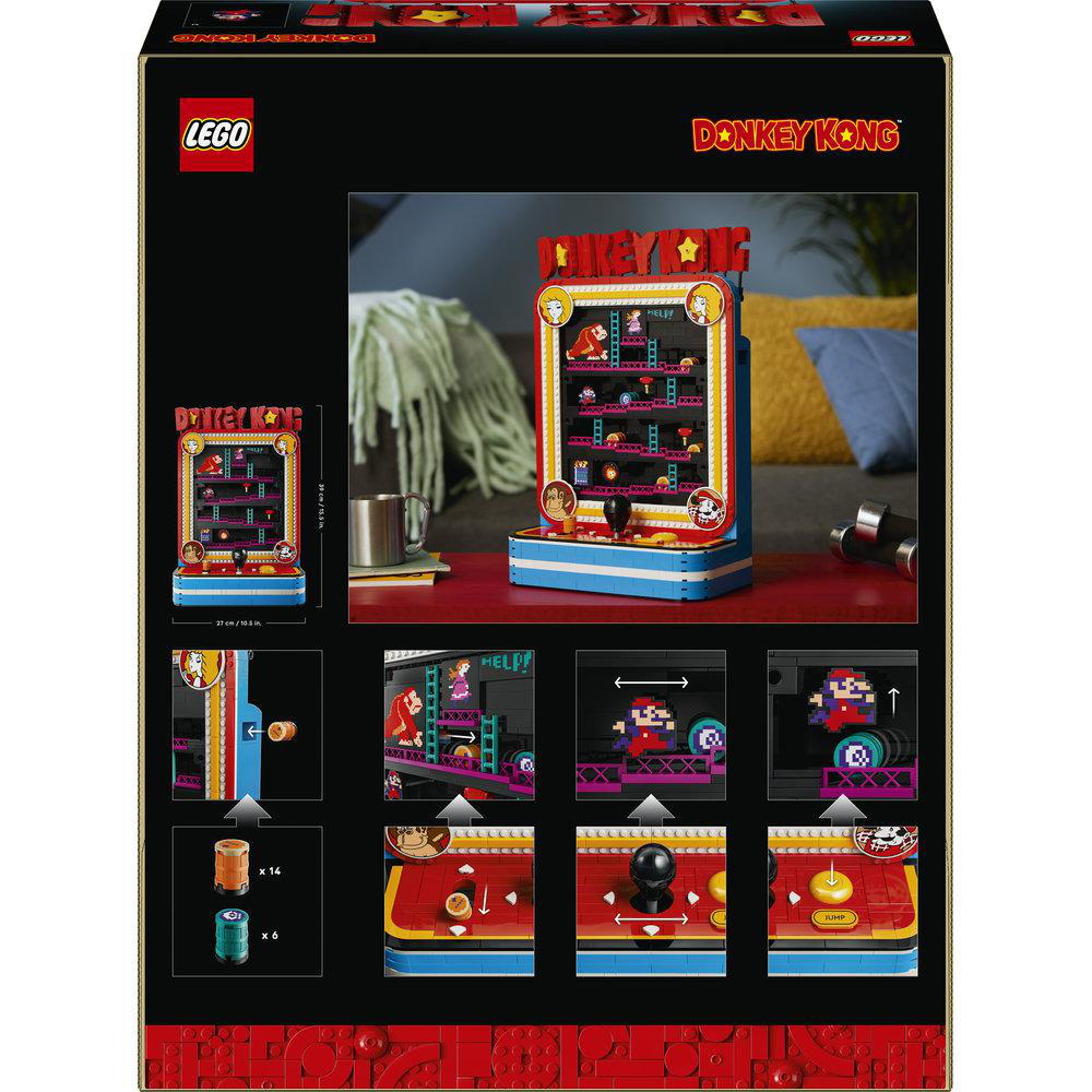Rückseite einer Lego Donkey Kong Arcade-Spielset Verpackung mit Szenenbild und Funktionsdetails.