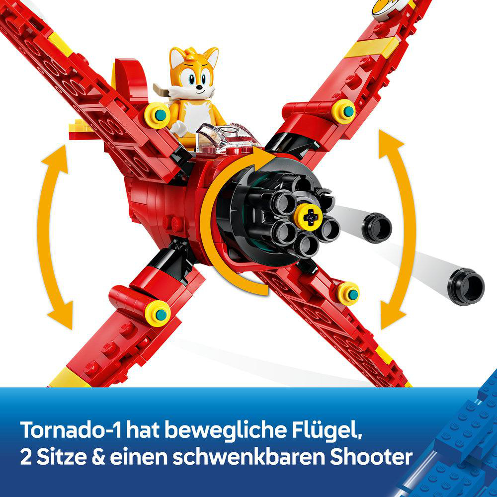 Lego-Flugzeug Tornado mit beweglichen Flügeln, zwei Sitzen und einem drehbaren Shooter, mit Tails als Figur.