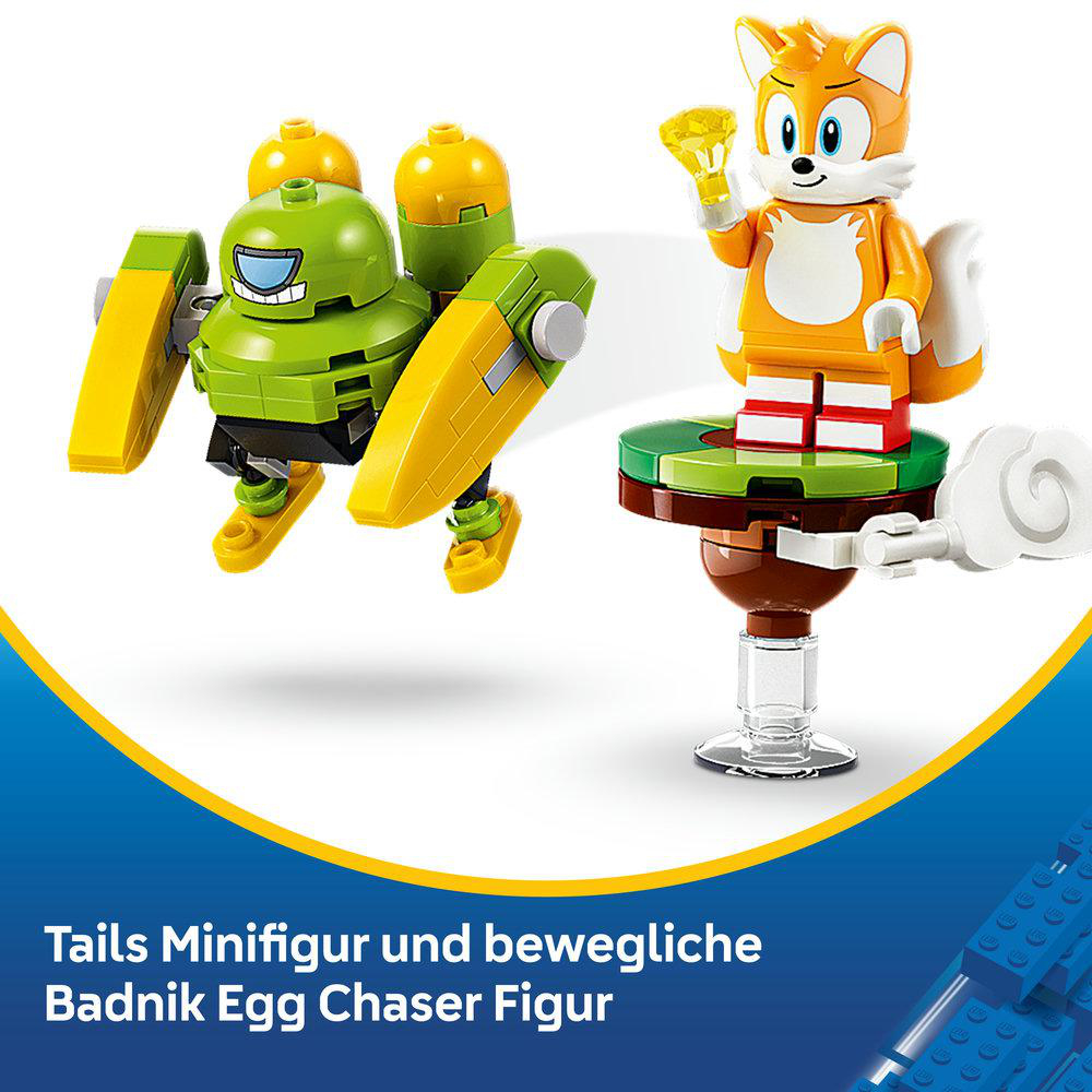 Lego Sonic Set mit Tails und beweglicher Badnik Egg Chaser Figur vor weißem Hintergrund.