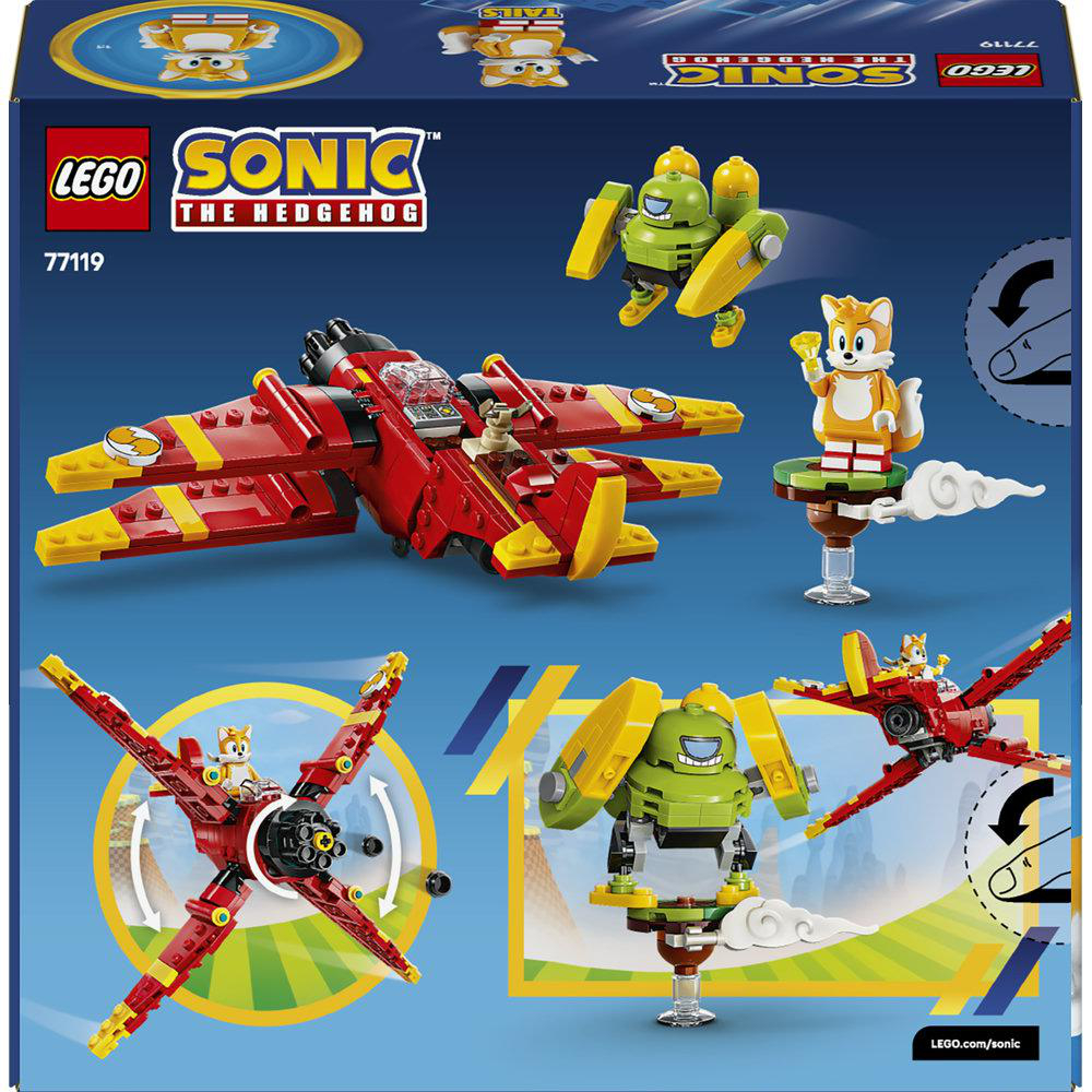 Lego Sonic the Hedgehog Set mit rotem Flugzeug, grünem Mech und Tails-Figur auf blauer Verpackung.