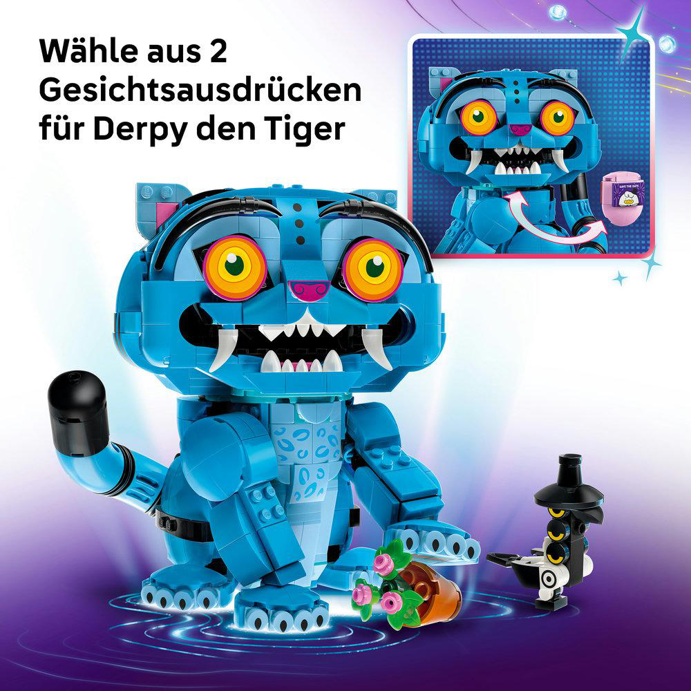 Blauer Lego-Tiger mit zwei Gesichtern und Blumen.