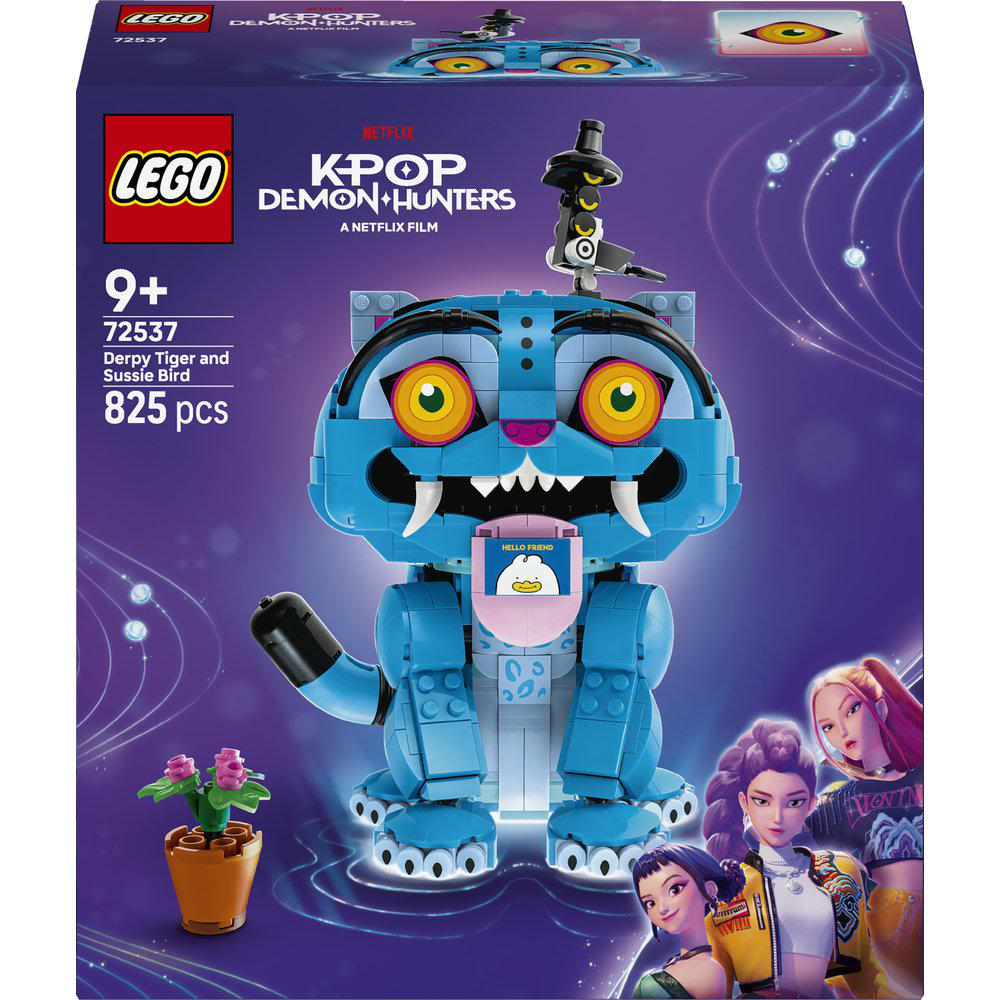 Lego K-Pop Demon Hunters Set 72537 mit blauem Tiger und kleinen Figuren vor lilafarbenem Hintergrund.