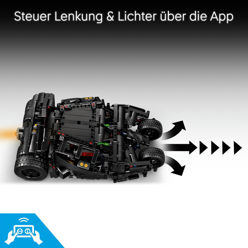 Ein schwarzes Lego Batmobil mit gelben Lichtern und App-Steuerung.