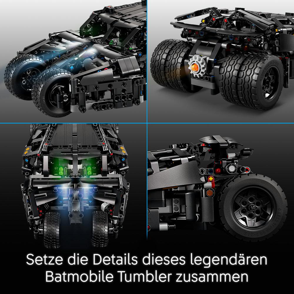 Vier Ausschnitte zeigen Details eines zusammengebauten Lego Batmobile Tumbler, unten deutscher Text.