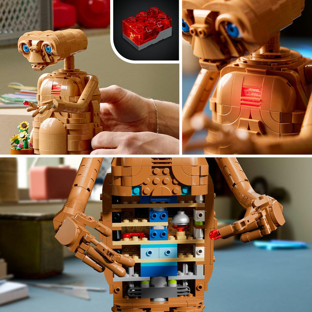 Ein detailliertes Lego E.T. Modell mit leuchtendem roten Stein und aufklappbarem Brustkorb.