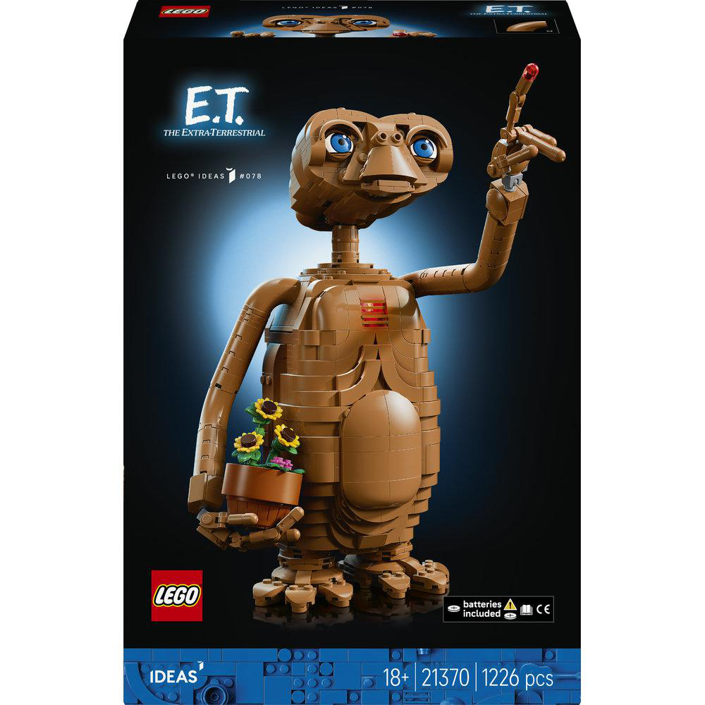 LEGO E.T. Figur mit rot leuchtendem Finger und Blumentopf vor schwarzem Hintergrund auf einer Produktverpackung.