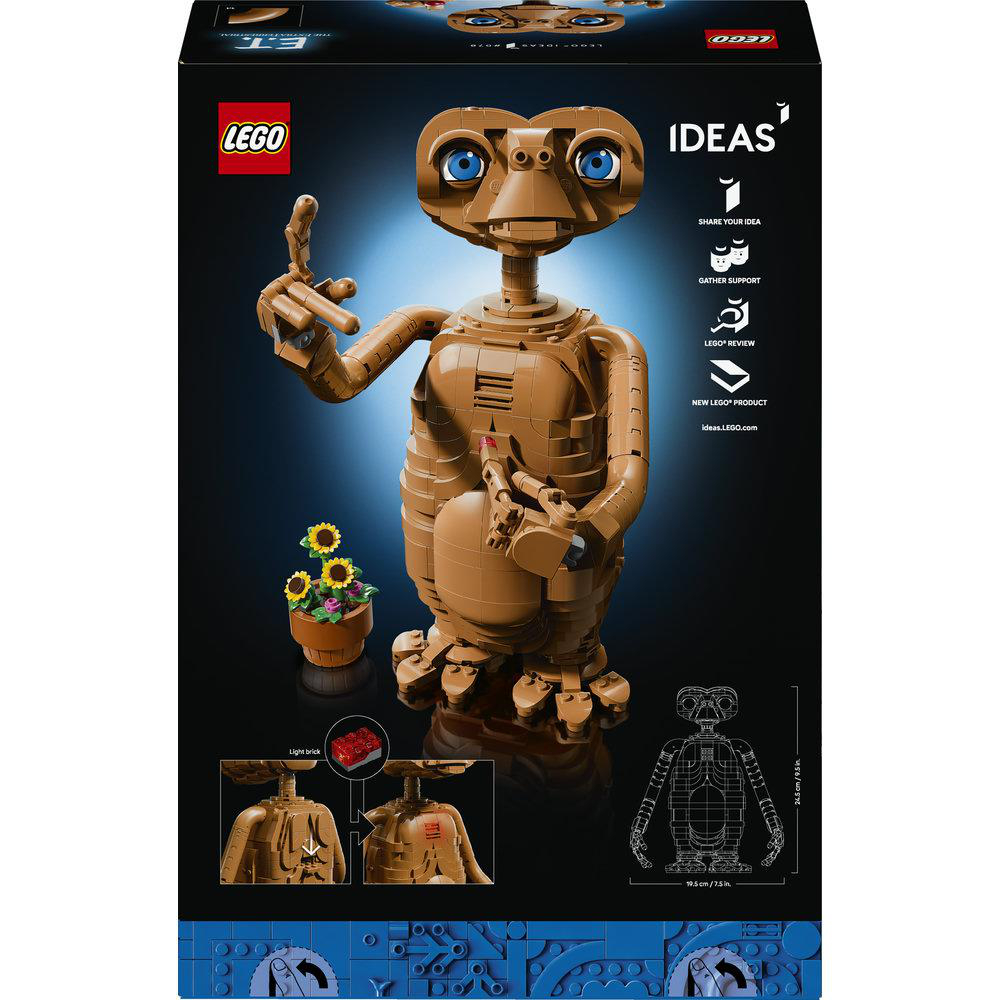 LEGO Ideas Verpackungsrückseite zeigt E.T. mit Blume, Lichtstein-Hinweis und Skizze auf schwarzem Grund.